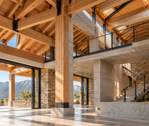 Architecture moderne rustique face aux montagnes